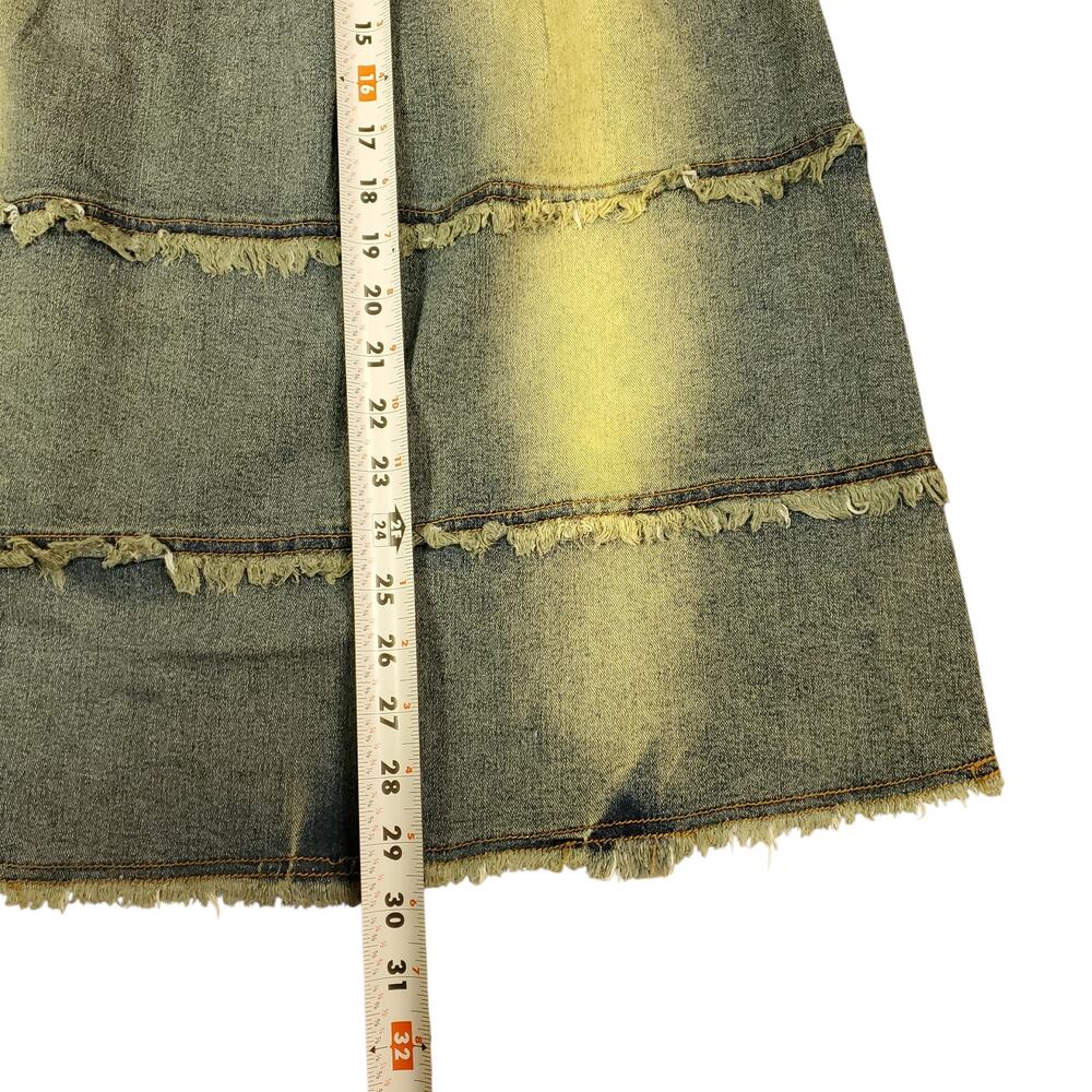 Y2K Midi Denim Skirt A-Line Tiered Frayed Raw Hems TMX 201 - Small - Picture 6 of 6